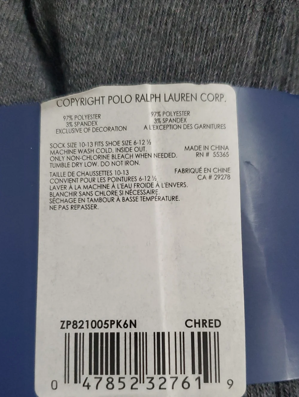 Polo Ralph Lauren 6 Pack Gray Socks Size 10-12